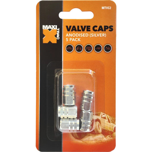 Maxi Trac Anodised Hex Silver Valve Caps 5 Pack - MTVC2