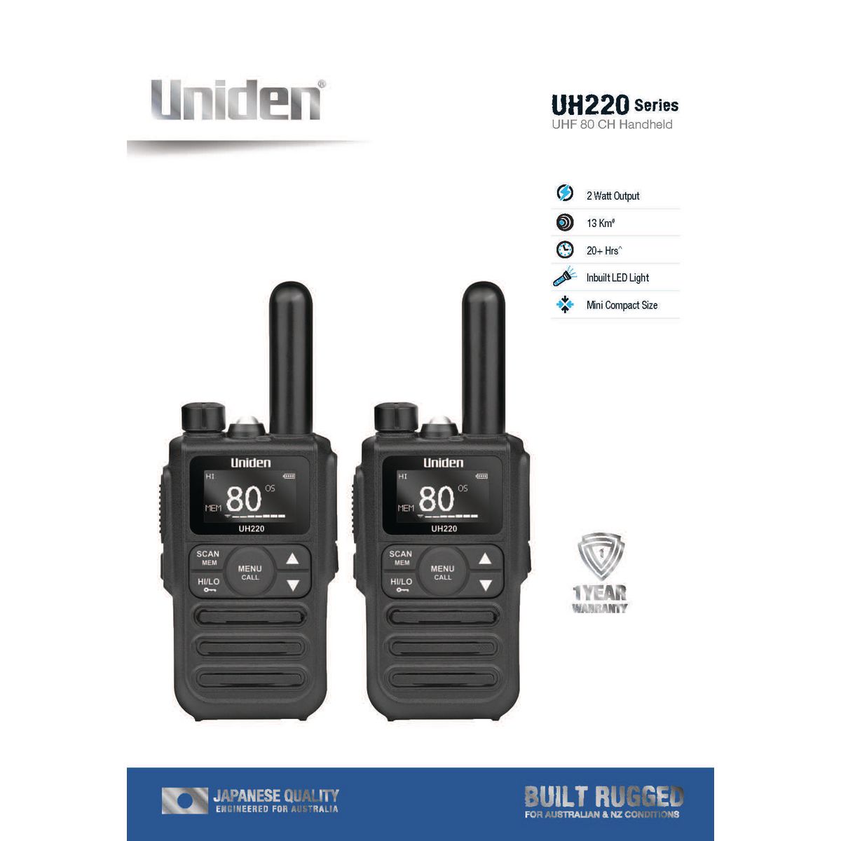 Uniden 2 watt Handheld UHF Radio Twin Pack - UH220-2