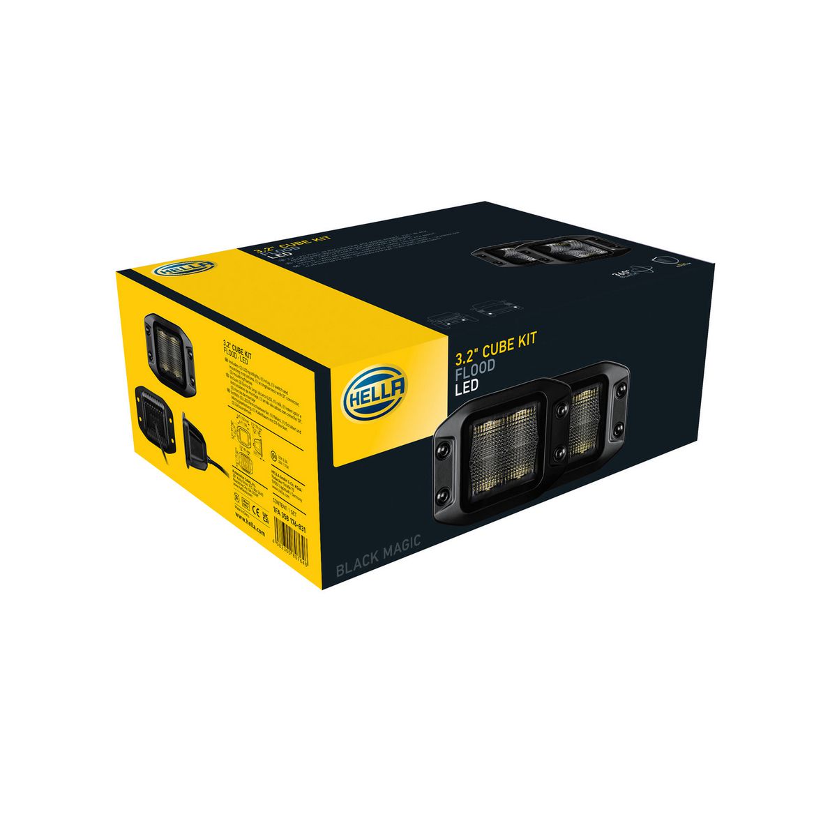 HELLA Black Magic LED Cube Light Kit 3.2 Flood Beam Flush Mount 12V/24V - 2 Lights + Harness - 1FA 358 176-831