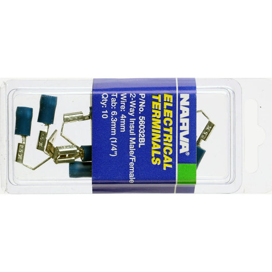 Narva Crimp Terminal 2 Way Male/Female Blade Blue Insulated 6.3mm 10 Pce - 56032BL
