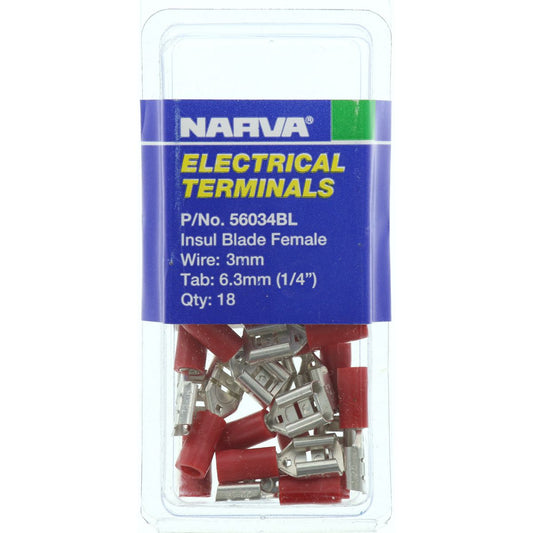 Narva Crimp Terminal Female Blade Red Insulated 6.3mm 18 Pce - 56034BL