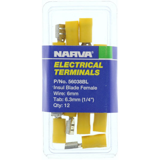 Narva Crimp Terminal Female Blade Yellow Insulated 6.3mm 12 Pce - 56038BL