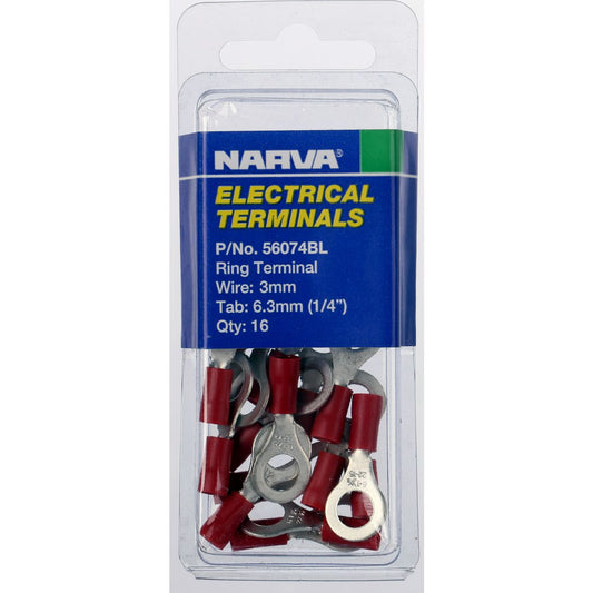 Narva Crimp Terminal Ring Red Insulated 6.3mm 16 Pce - 56074BL