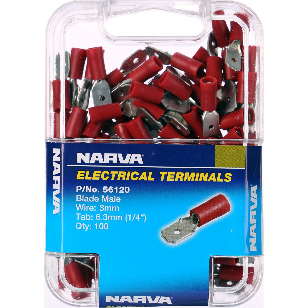 Narva Crimp Terminal Male Blade Red Terminal Entry 6.3 x 0.8mm Vinyl 100 Pce - 56120