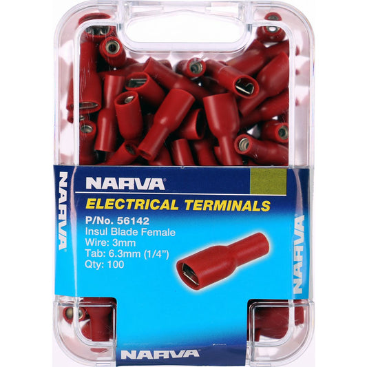 Narva Crimp Terminal Female Blade Red Terminal Entry 6.3 x 0.8mm Vinyl 100 Pce - 56142