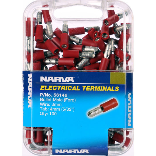 Narva Crimp Terminal Male Bullet Red Terminal Entry 4mm Vinyl 100 Pce - 56146
