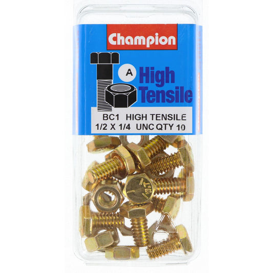 Champion Hex Set Screw & Nut High Tensile 1/4in x 1/2in UNC Grade 5 - BC1