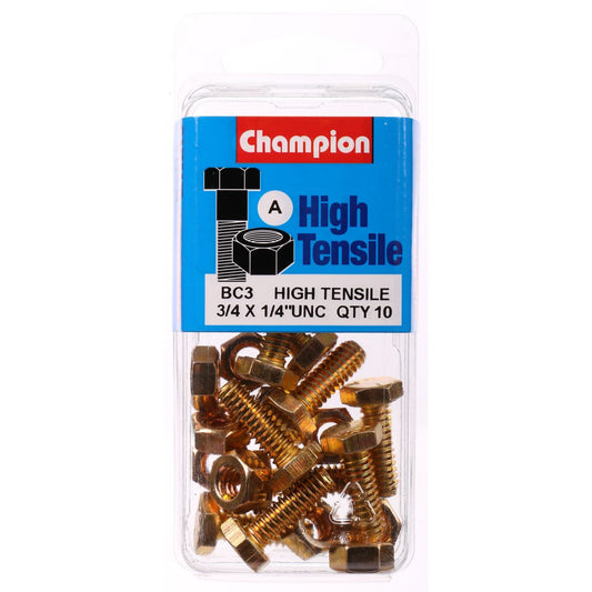 Champion Hex Set Screw & Nut High Tensile 1/4in x 3/4in UNC Grade 5 - BC3