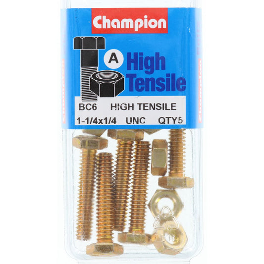 Champion Hex Set Screw & Nut High Tensile 1/4in x 1 1/4in UNC Grade 5 - BC6
