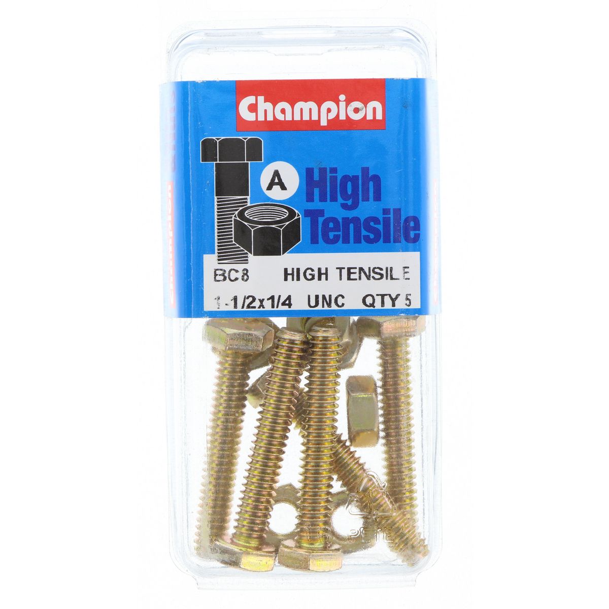 Champion Hex Set Screw & Nut High Tensile 1/4in x 1 1/2in UNC Grade 5 - BC8