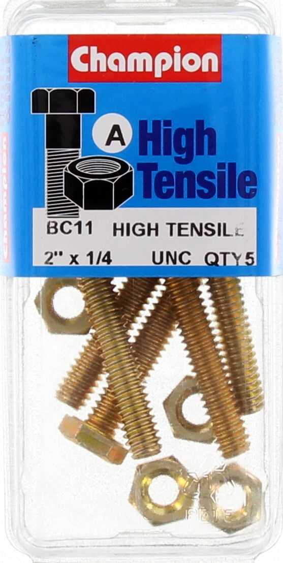 Champion Hex Set Screw & Nut High Tensile 1/4in x 2in UNC Grade 5 - BC11