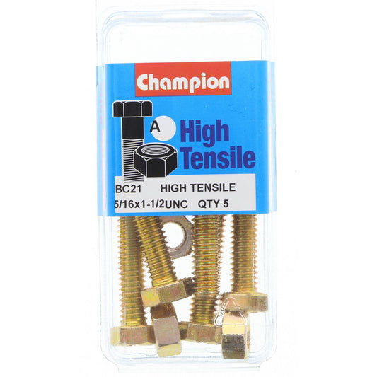 Champion Hex Set Screw & Nut High Tensile 5/16in x 1 1/2in UNC Grade 5 - BC21