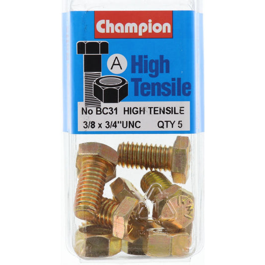 Champion Hex Set Screw & Nut High Tensile 3/8in x 3/4in UNC Grade 5 - BC31