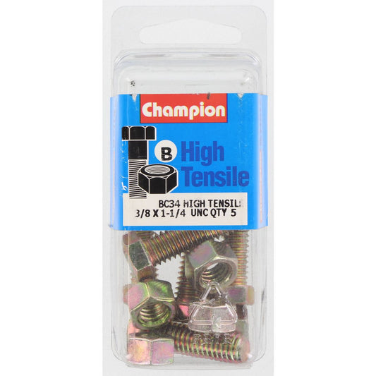 Champion Hex Set Screw & Nut High Tensile 3/8in x 1 1/4in UNC Grade 5 - BC34