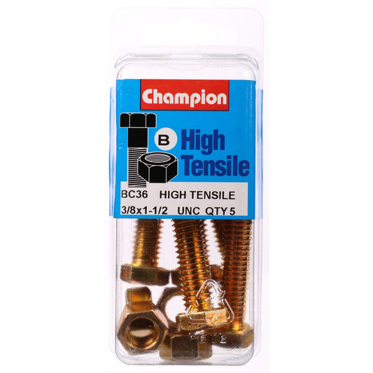 Champion Hex Set Screw & Nut High Tensile 3/8in x 1 1/2in UNC Grade 5 - BC36
