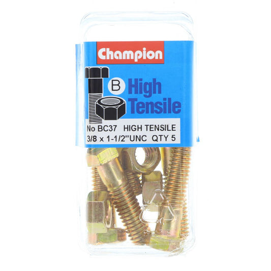 Champion Hex Bolt & Nut High Tensile 3/8in x 1 1/2in UNC Grade 5 - BC37