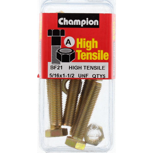 Champion Hex Set Screw & Nut High Tensile 5/16in x 1 1/2in UNF Grade 5 - BF21