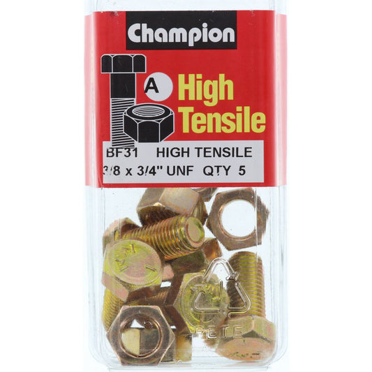 Champion Hex Set Screw & Nut High Tensile 3/8in x 3/4in UNF Grade 5 - BF31