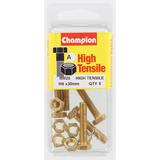 Champion Hex Set Screw & Nut High Tensile M6 x 30mm Grade 8.8 - BM25