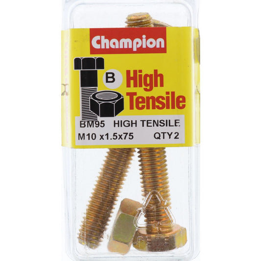 Champion Hex Set Screw & Nut High Tensile M10 x 75mm Grade 8.8 - BM95