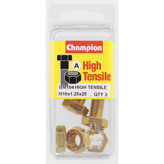 Champion Hex Set Screw & Nut High Tensile M10 x 25 x 1.25mm Grade 8.8 - BM104