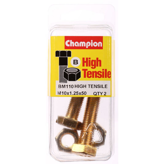 Champion Hex Set Screw & Nut High Tensile M10 x 50 x 1.25mm Grade 8.8 - BM110
