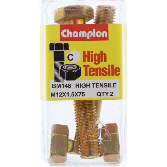 Champion Hex Bolt & Nut High Tensile M12 x 75 x 1.5mm Grade 8.8 - BM148