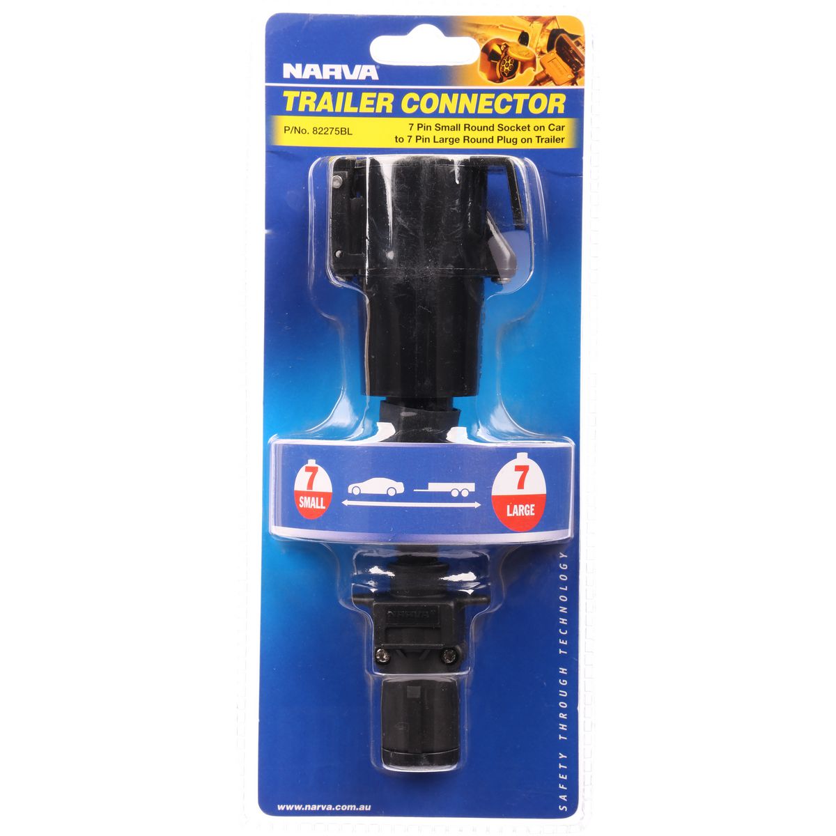 Narva Trailer Adaptor 7 Pin Round Small (Car) To 7 Pin Round Large (Trailer) - 82275BL