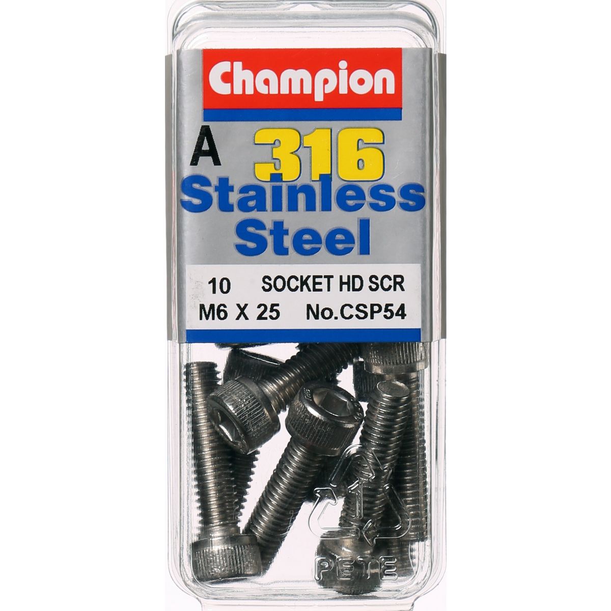 Champion Socket Head Cap Screw Stainless Steel M6x25mm 316/A4 - CSP54