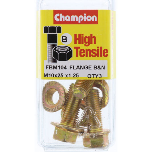 Champion Hex Flange Bolt & Nut High Tensile M10 x 25 x 1.25mm 14Af Grade 8.8 - FBM104