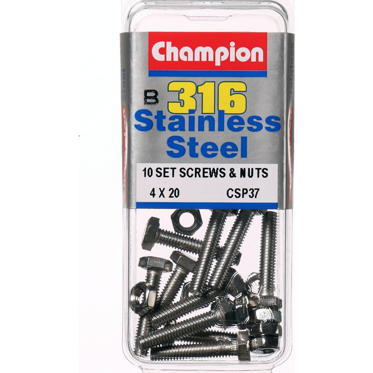 Champion Hex Set Screw & Nut Stainless Steel M4x20mm & M4x0.7mm 316/A4 - CSP37