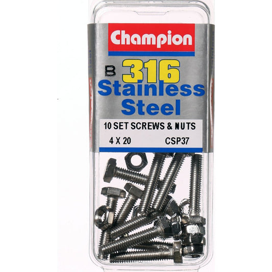 Champion Hex Set Screw & Nut Stainless Steel M4x20mm & M4x0.7mm 316/A4 - CSP37