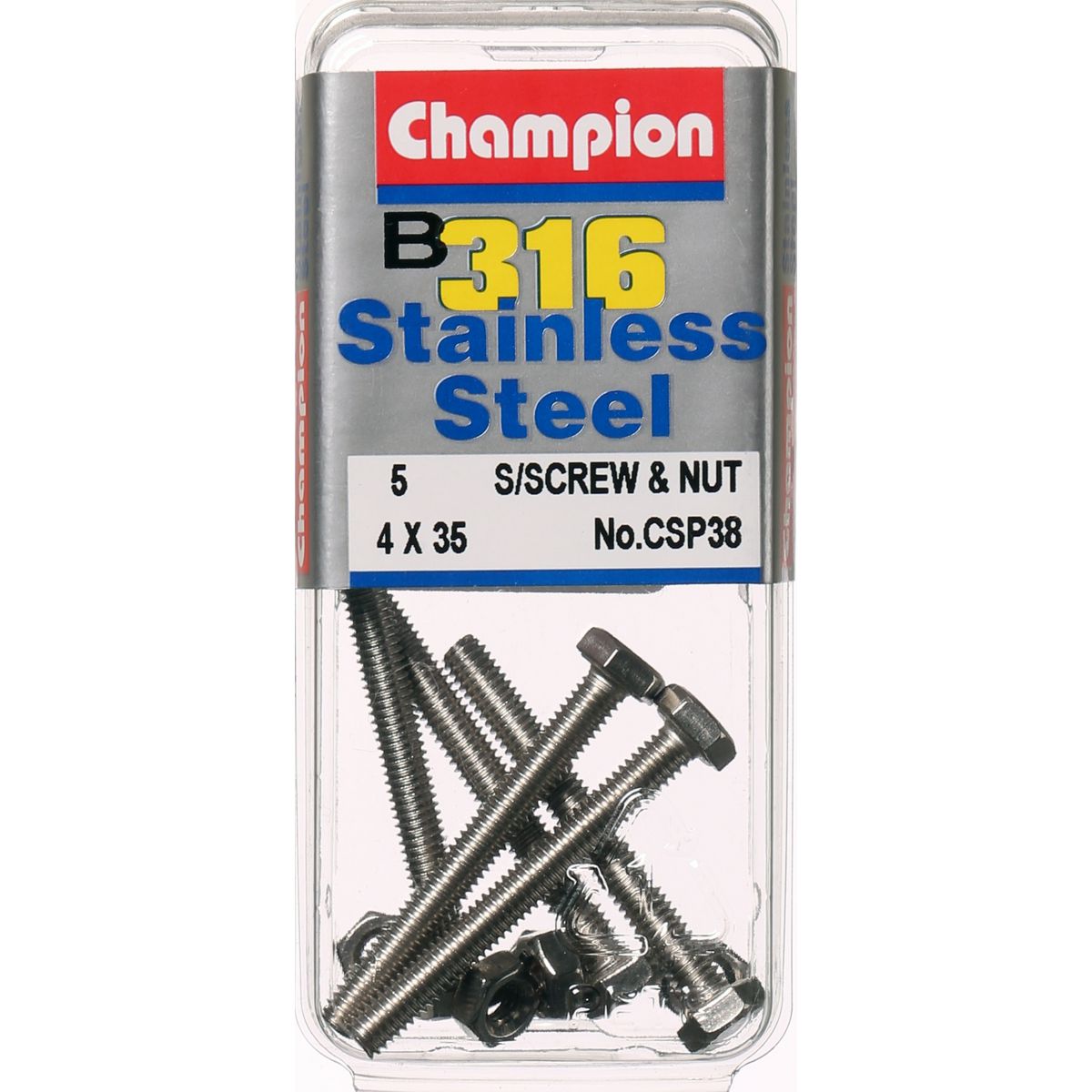 Champion Hex Set Screw & Nut Stainless Steel M4x35mm & M4x0.7mm 316/A4 - CSP38