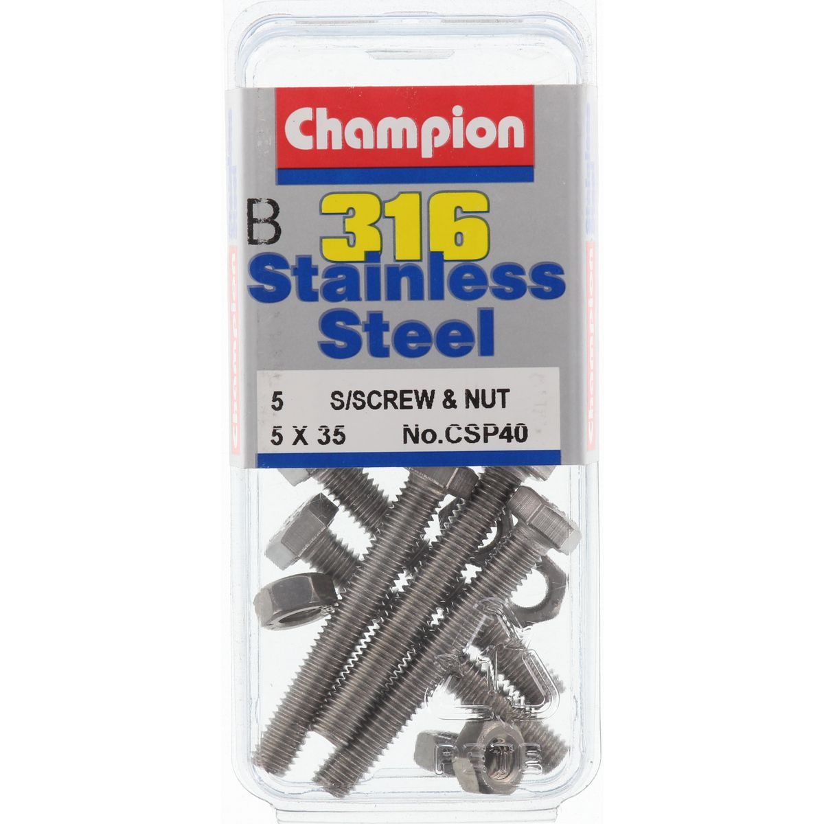 Champion Hex Set Screw & Nut Stainless Steel M5x35mm & M5x0.8mm 316/A4 - CSP40