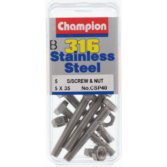Champion Hex Set Screw & Nut Stainless Steel M5x35mm & M5x0.8mm 316/A4 - CSP40