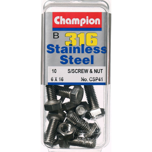 Champion Hex Set Screw & Nut Stainless Steel M6x16mm & M6x1.00mm 316/A4 - CSP41