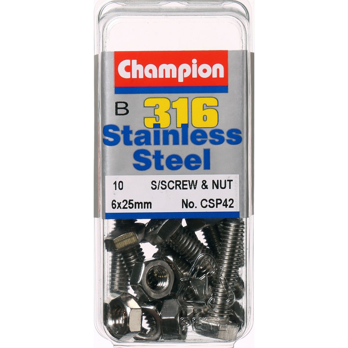 Champion Hex Set Screw & Nut Stainless Steel M6x25mm & M6x1.00mm 316/A4 - CSP42