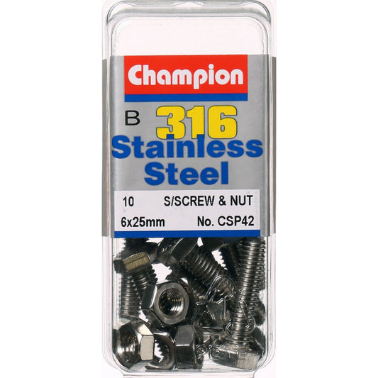 Champion Hex Set Screw & Nut Stainless Steel M6x25mm & M6x1.00mm 316/A4 - CSP42