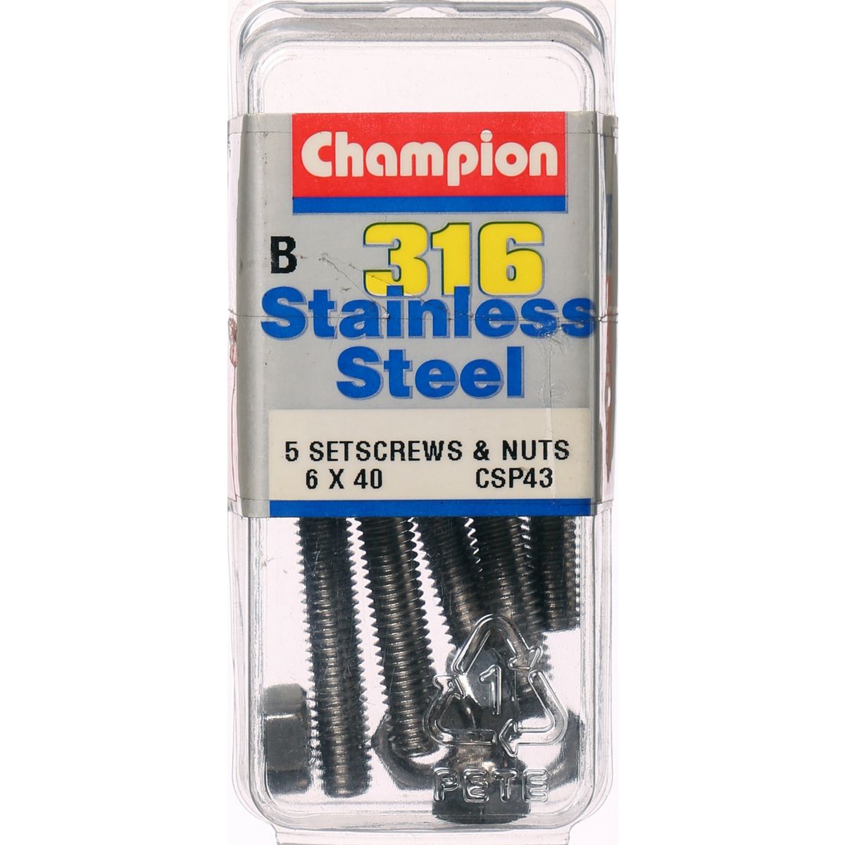 Champion Hex Set Screw & Nut Stainless Steel M6x40mm & M6x1.00mm 316/A4 - CSP43