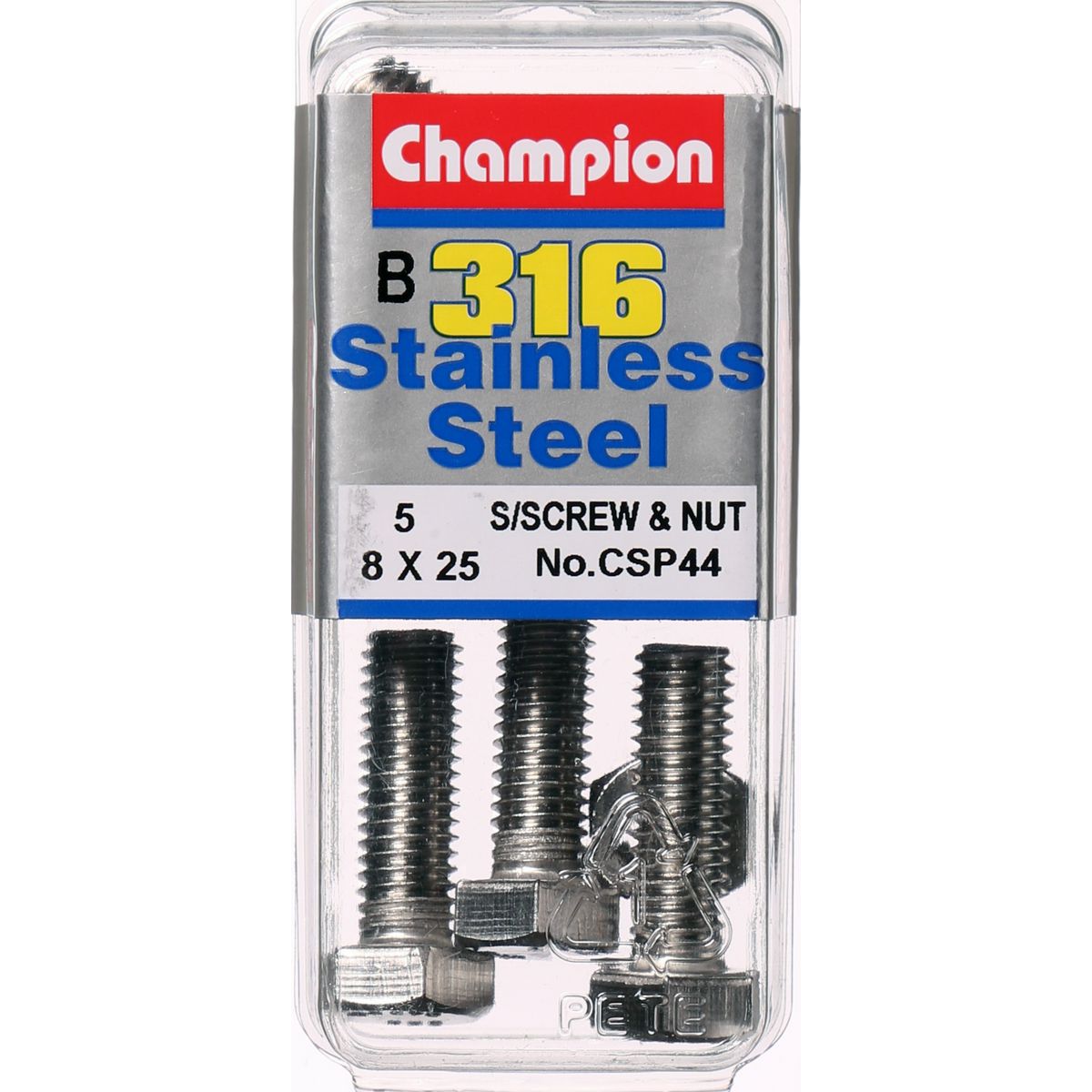 Champion Hex Set Screw & Nut Stainless Steel M8x25mm & M8x1.25mm 316/A4 - CSP44