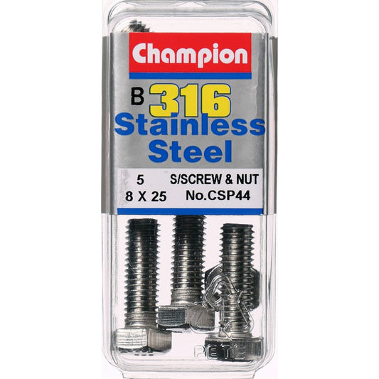 Champion Hex Set Screw & Nut Stainless Steel M8x25mm & M8x1.25mm 316/A4 - CSP44