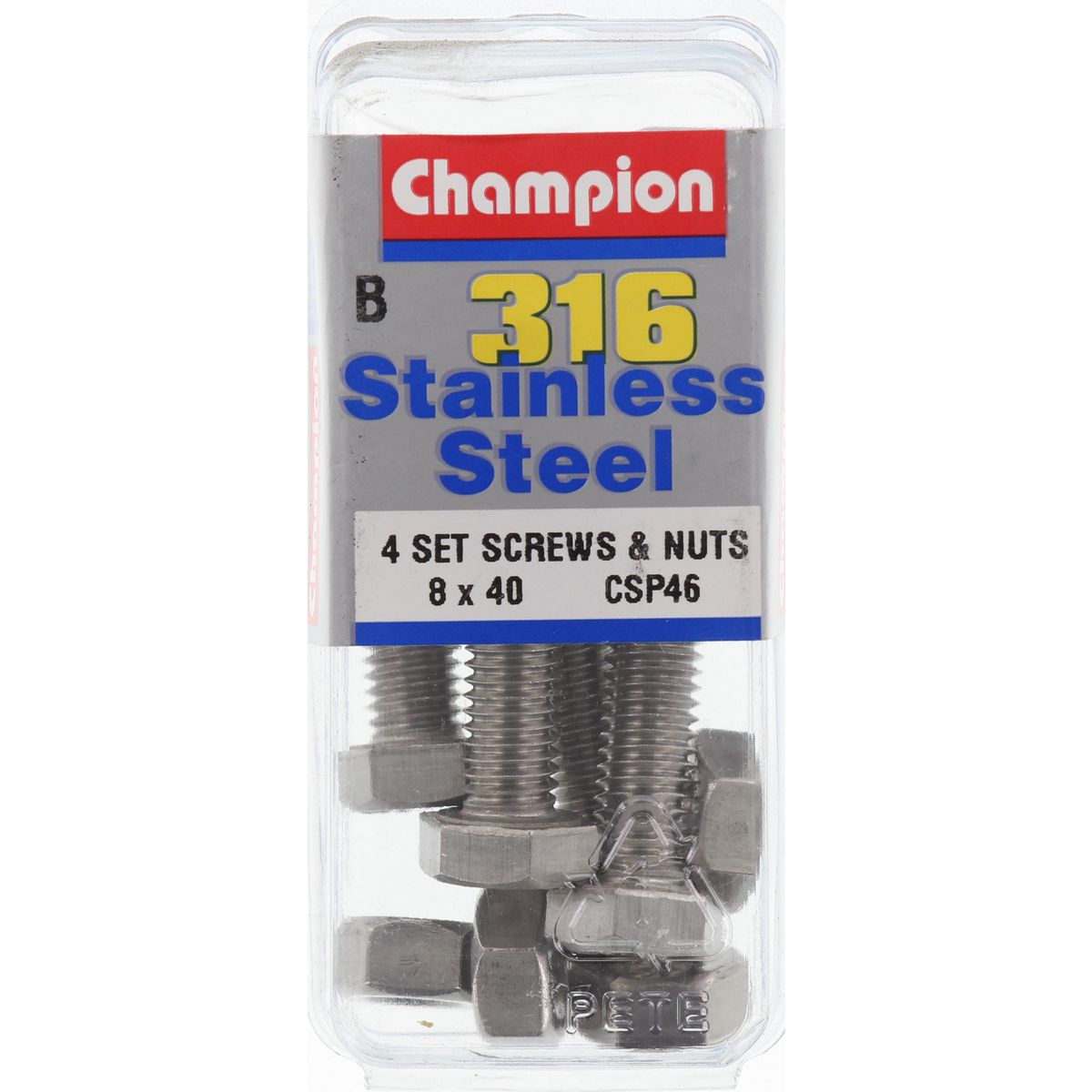 Champion Hex Set Screw & Nut Stainless Steel M8x40mm & M8x1.25mm 316/A4 - CSP46