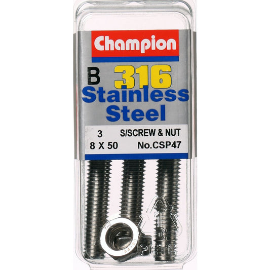 Champion Hex Set Screw & Nut Stainless Steel M8x50mm & M8x1.25mm 316/A4 - CSP47
