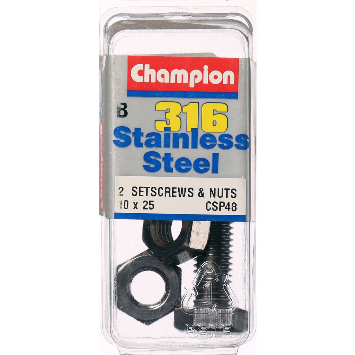 Champion Hex Set Screw & Nut Stainless Steel M10x25mm & M10x1.50mm 316/A4 - CSP48