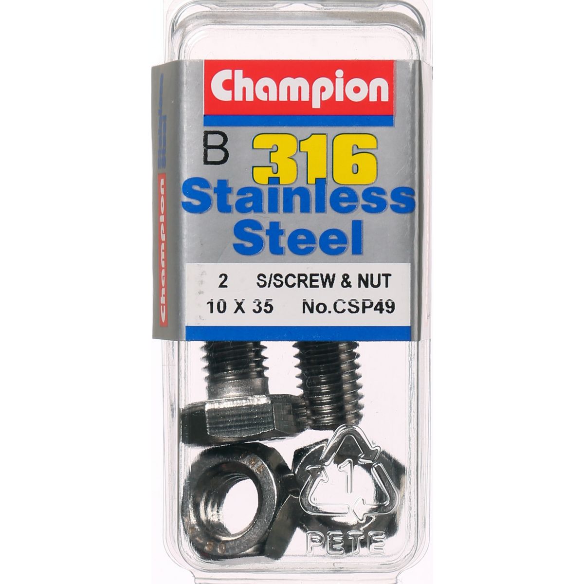 Champion Hex Set Screw & Nut Stainless Steel M10x35mm & M10x1.50mm 316/A4 - CSP49