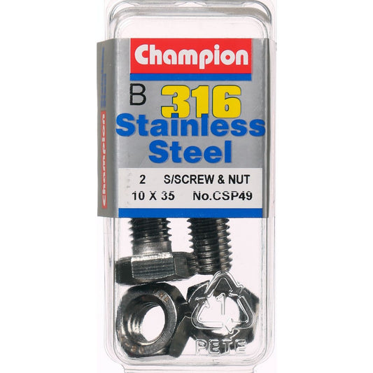 Champion Hex Set Screw & Nut Stainless Steel M10x35mm & M10x1.50mm 316/A4 - CSP49