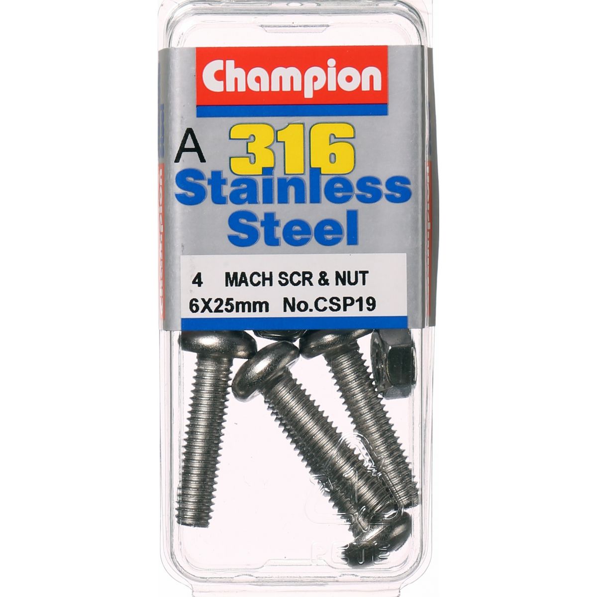 Champion Machine Screw & Nut Pan Phillips Stainless Steel M6x25 & M6x1.00mmmm 316/A4 - CSP19