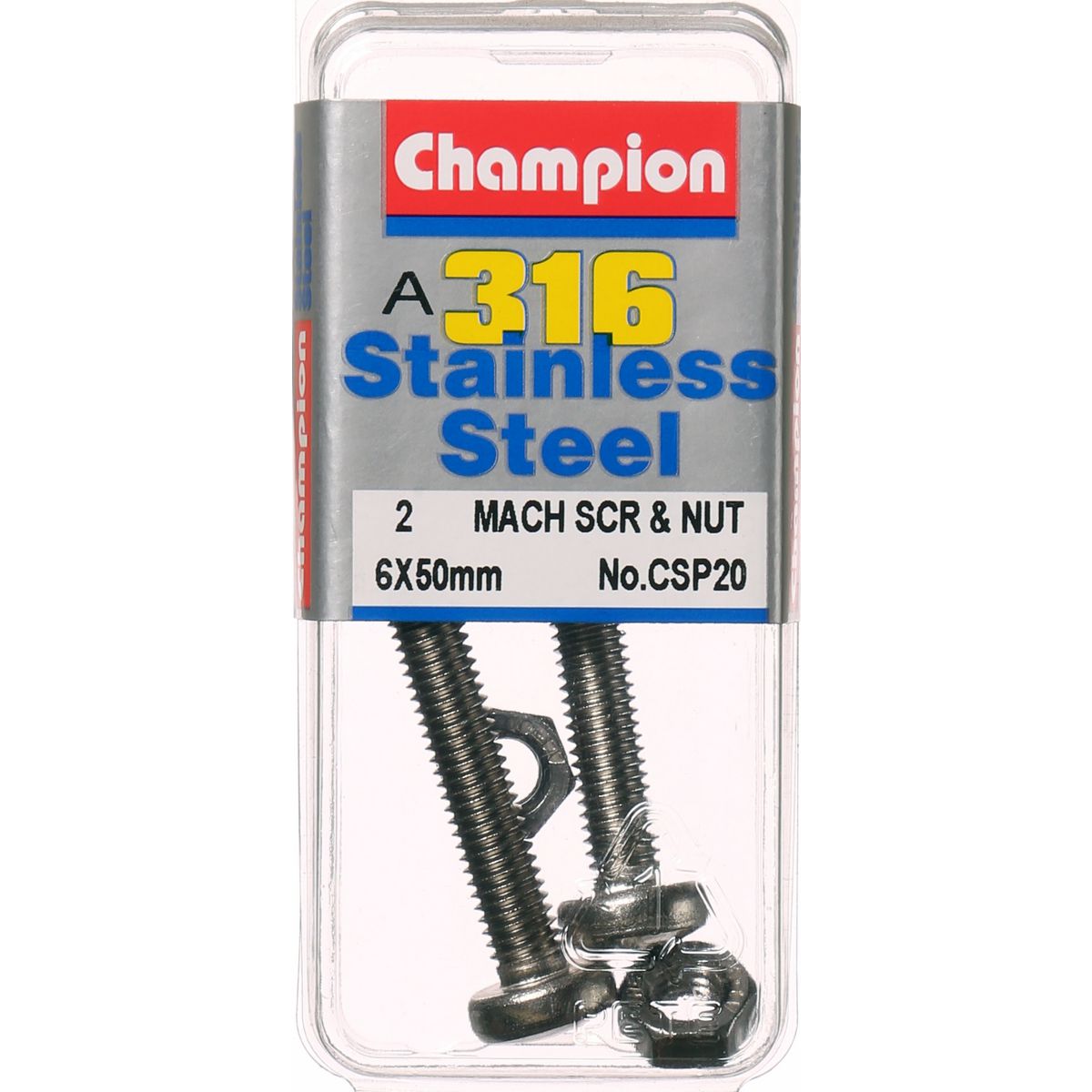 Champion Machine Screw & Nut Pan Phillips Stainless Steel M6x50mm & M6x1.00mm 316/A4 - CSP20