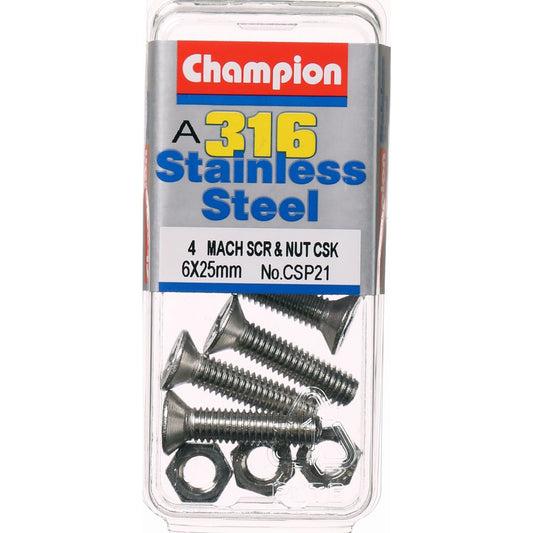 Champion Machine Screw & Nut CSK Phillips Stainless Steel M6x25mm & M6x1.00mm 316/A4 - CSP21