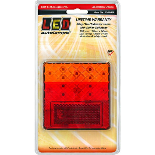 LED Autolamps Multi Volt Stop/Tail/Indicator Lamp With Reflex Reflectors Grey Base Blister Pack 1 pce - 100ARM